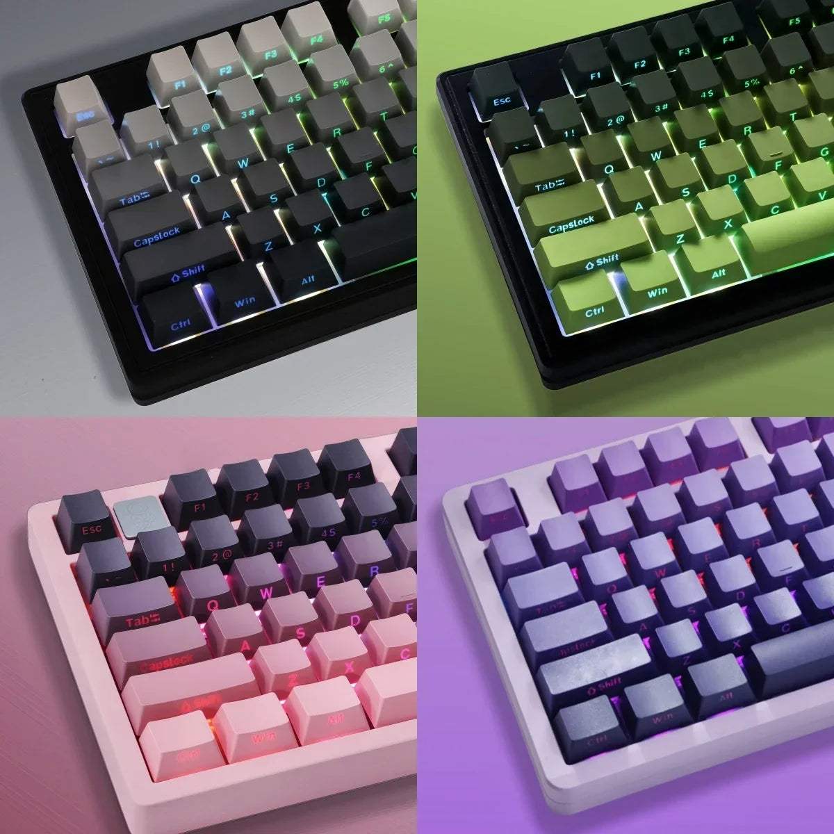A set of gradient PBT keycaps for mechanical keyboards shown in various colors including green, pink, and purple.