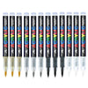 A set of 10 black acrylic paint markers in various colors and tips arranged in a row.
