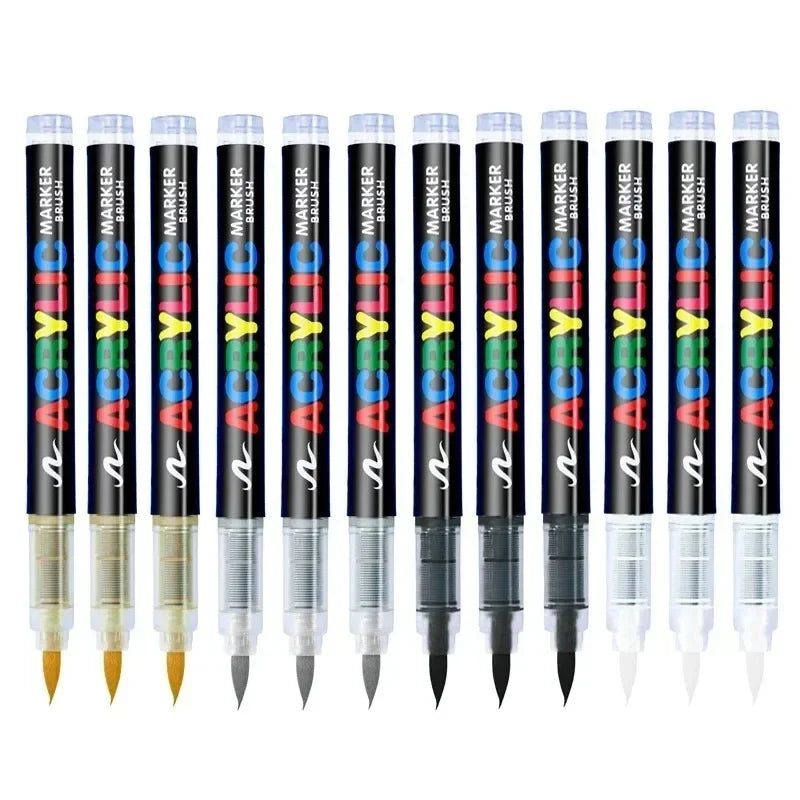 A set of 10 black acrylic paint markers in various colors and tips arranged in a row.
