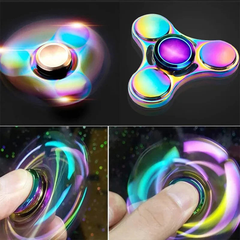Close-up shots of a rainbow metal fidget spinner showing various colors and spinning motion.