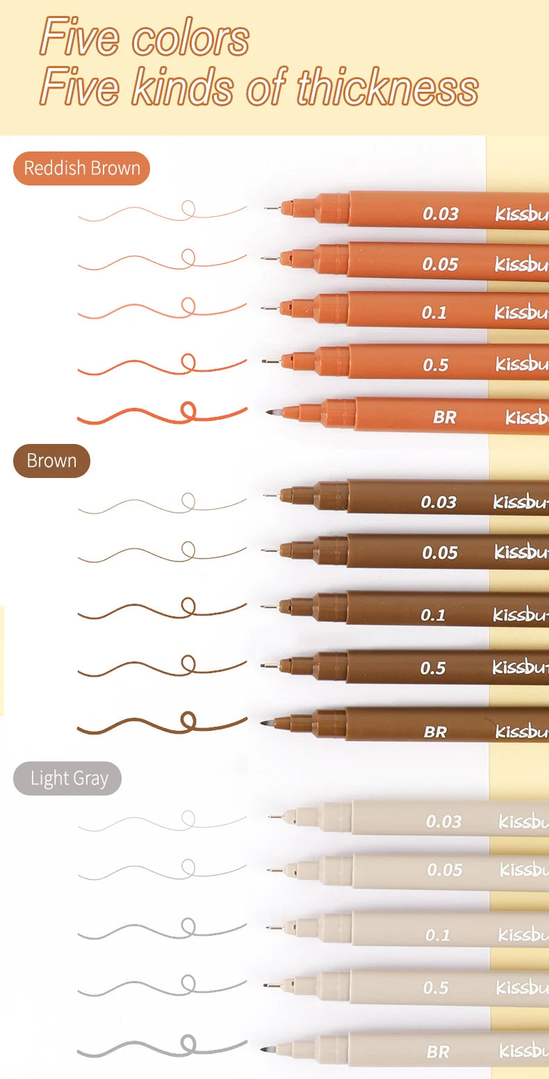 A display of five colors and five thicknesses of micro-pen fineliner pens with archival ink.