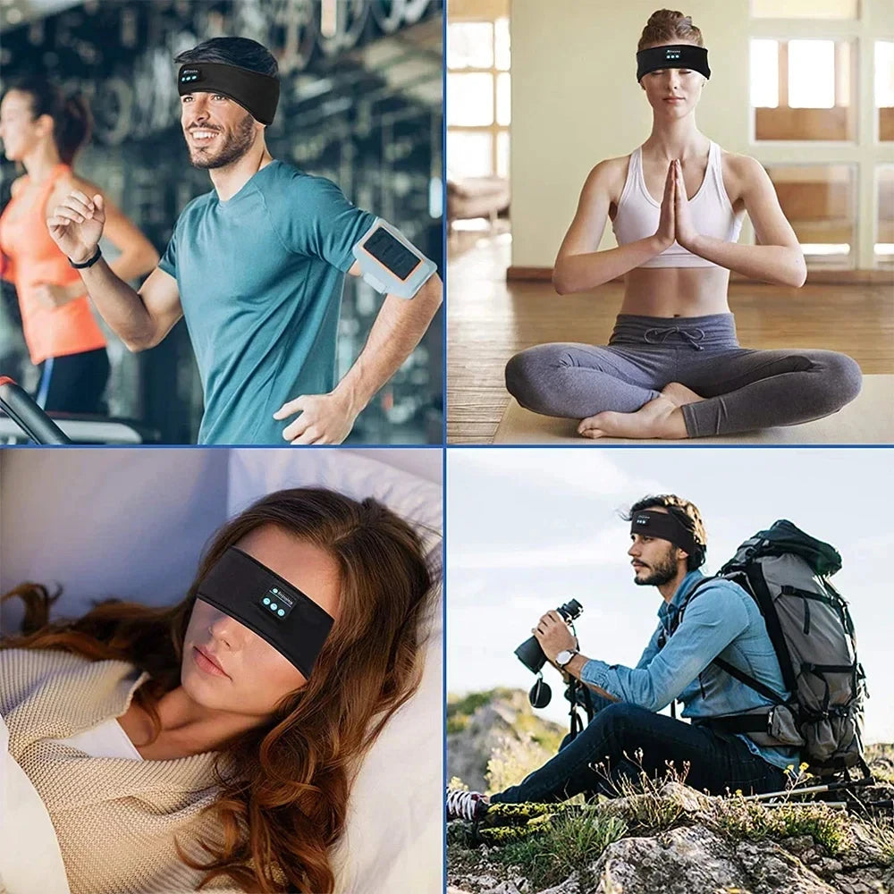 A collage showing people using wireless sports and sleep headband earphones in various outdoor and indoor activities.
