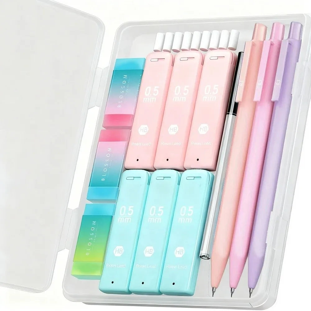 A clear plastic case holding a set of pink and purple mechanical pencils with refills and erasers.