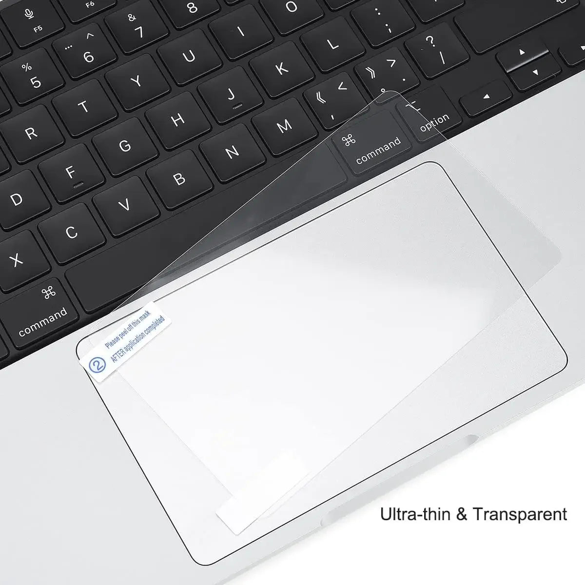 A clear, ultra-thin trackpad protector is shown placed on a black laptop keyboard.