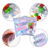 A collection of clear holographic rainbow pattern sealing bags displayed in various angles.