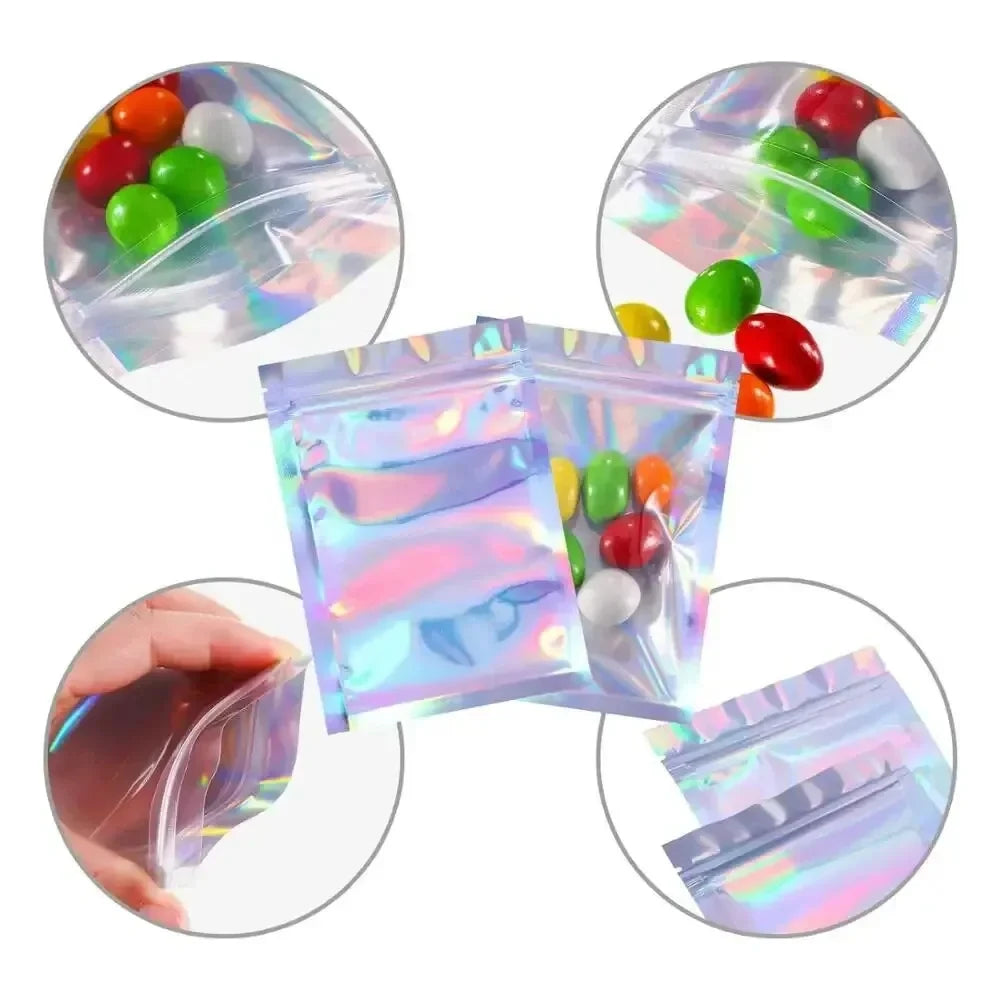 A collection of clear holographic rainbow pattern sealing bags displayed in various angles.