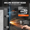 A hand uses a tool to drill into a black steel security box, demonstrating its drilling-resistant design.