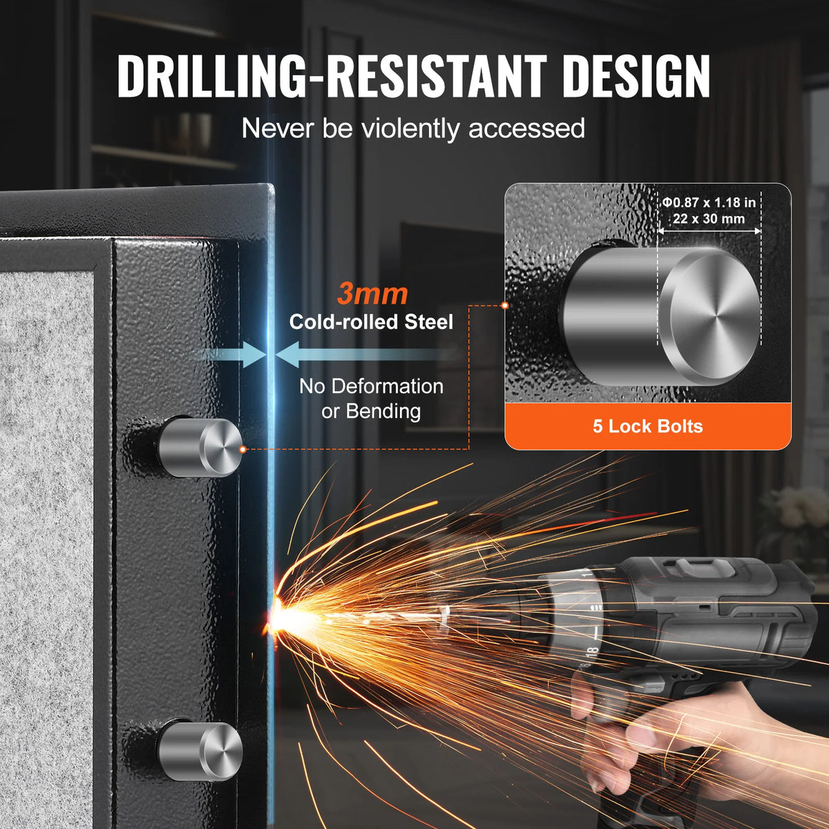 A hand uses a tool to drill into a black steel security box, demonstrating its drilling-resistant design.