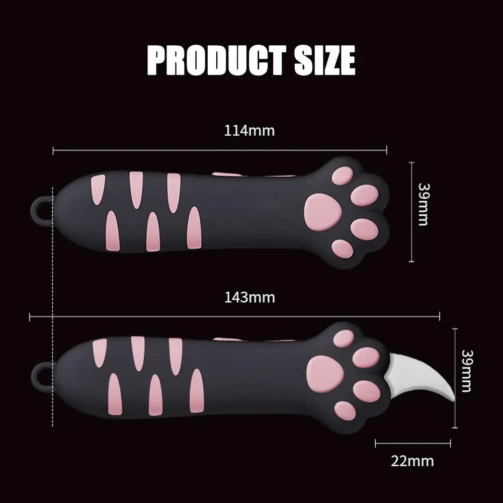 A black cat paw-shaped box cutter with a titanium steel blade shown with dimensions.
