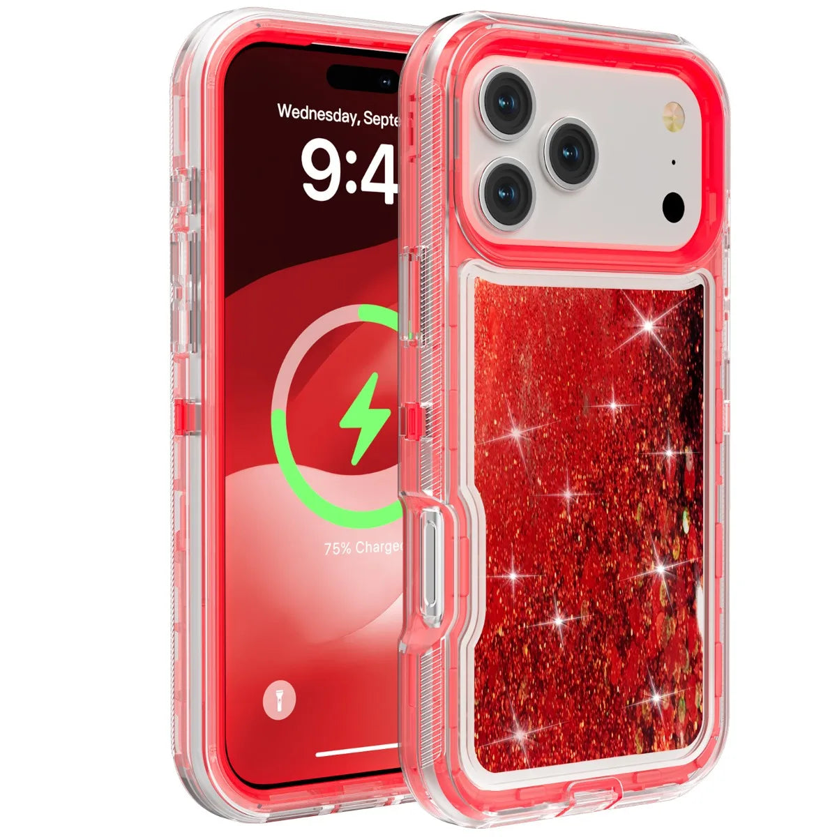 A clear pink glitter liquid phone case protecting a smartphone displaying a time and battery percentage.