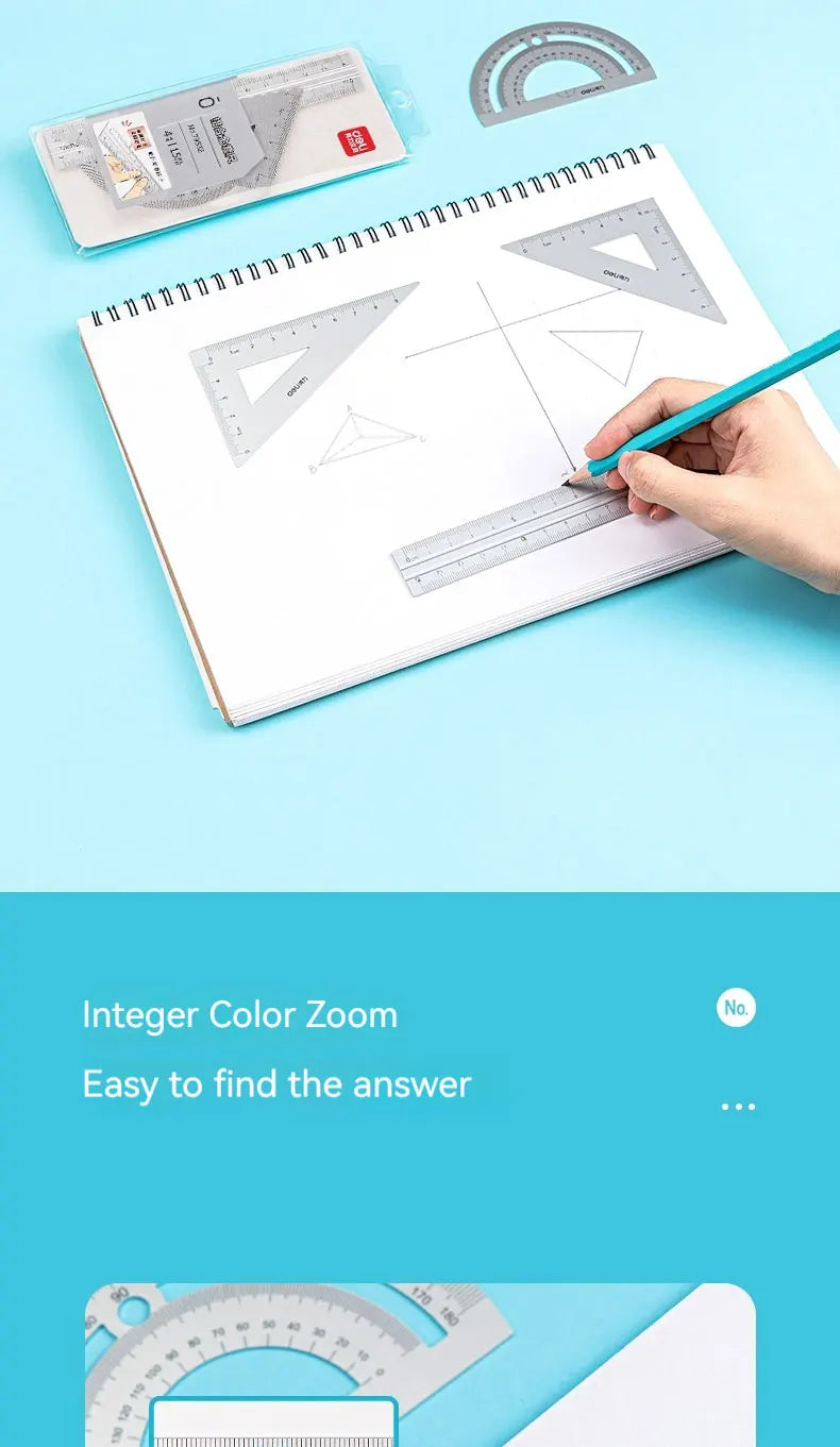 A professional aluminum drafting ruler set with various angles and a color zoom feature on a white sheet.