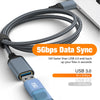 A blue USB 3.0 extension cable with a braided nylon cord is shown next to a white device, highlighting 5Gbps data sync capabi