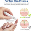 A hand holds a white lancet device, illustrating painless blood testing technology.