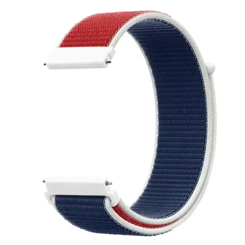 A watch strap featuring a two-tone design with red and blue woven nylon bands.
