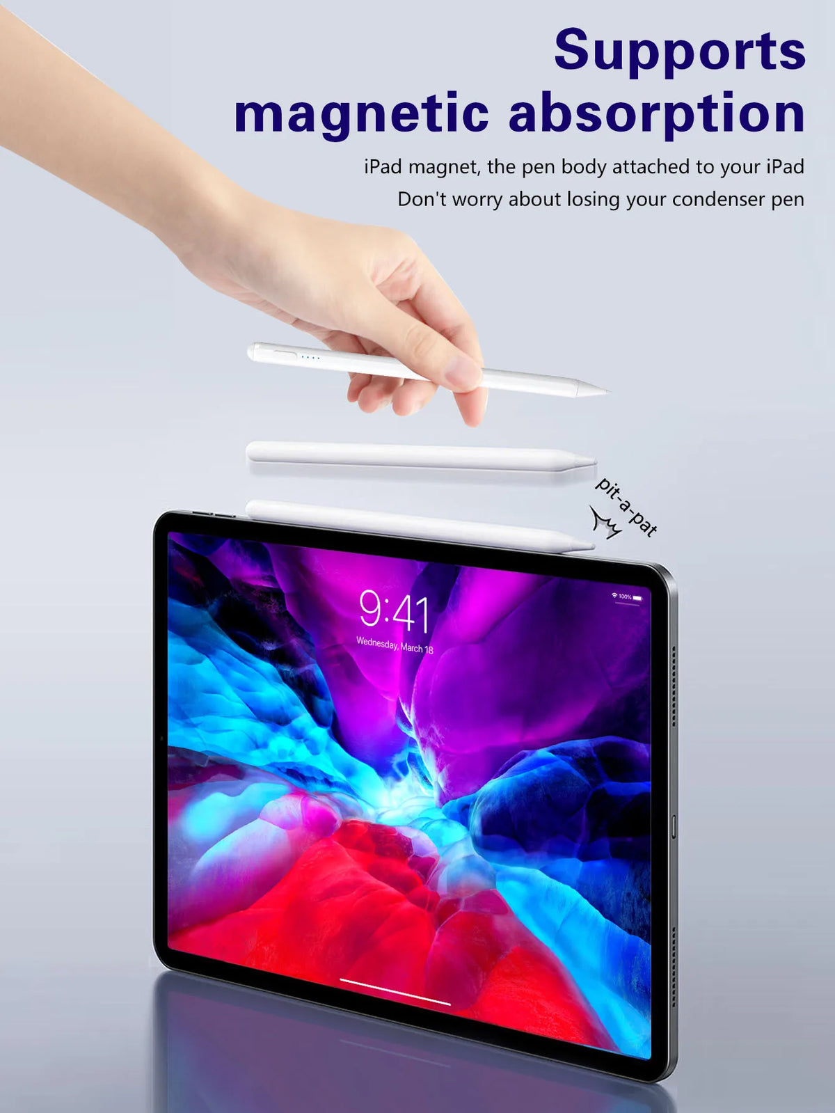 Eine Hand befestigt einen magnetischen Stift an ein iPad, um magnetische Absorption für Präzisionsneigungssensoren zu demonst