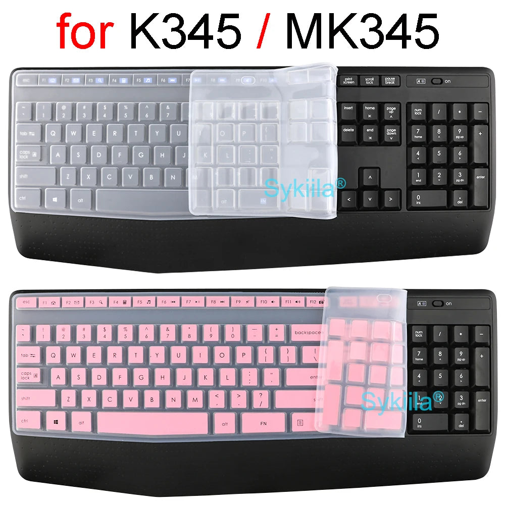 Silicone keyboard cover for K345 and MK345 models shown with clear and pink translucent covers.