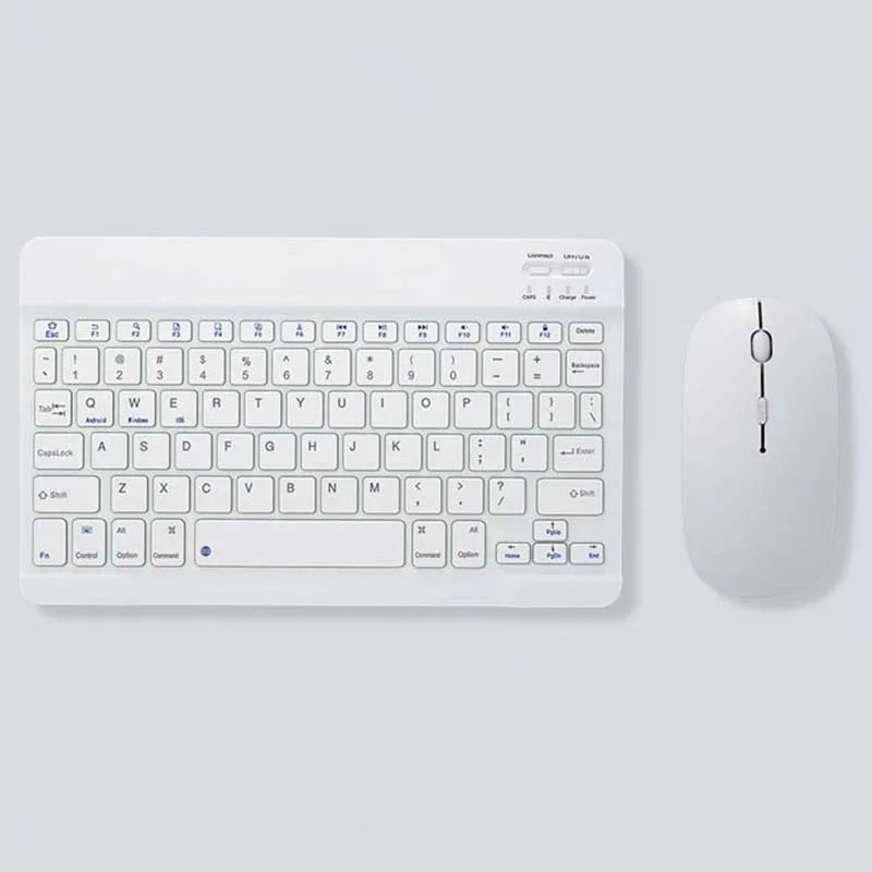 A white multi-device Bluetooth keyboard and mouse combo with a full QWERTY layout.