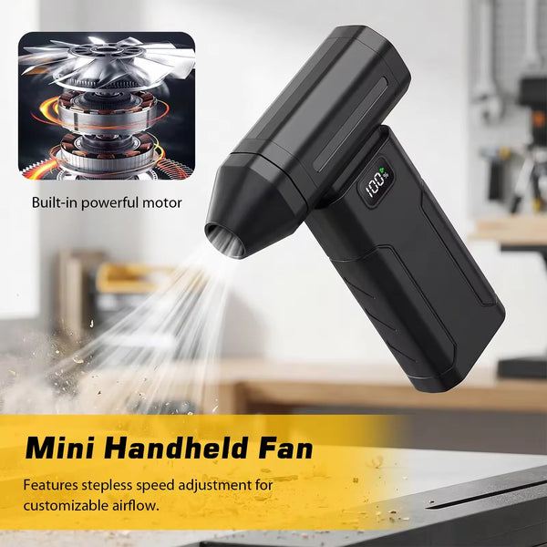 A black mini handheld fan with a powerful motor is shown spraying air in a cleaning context.