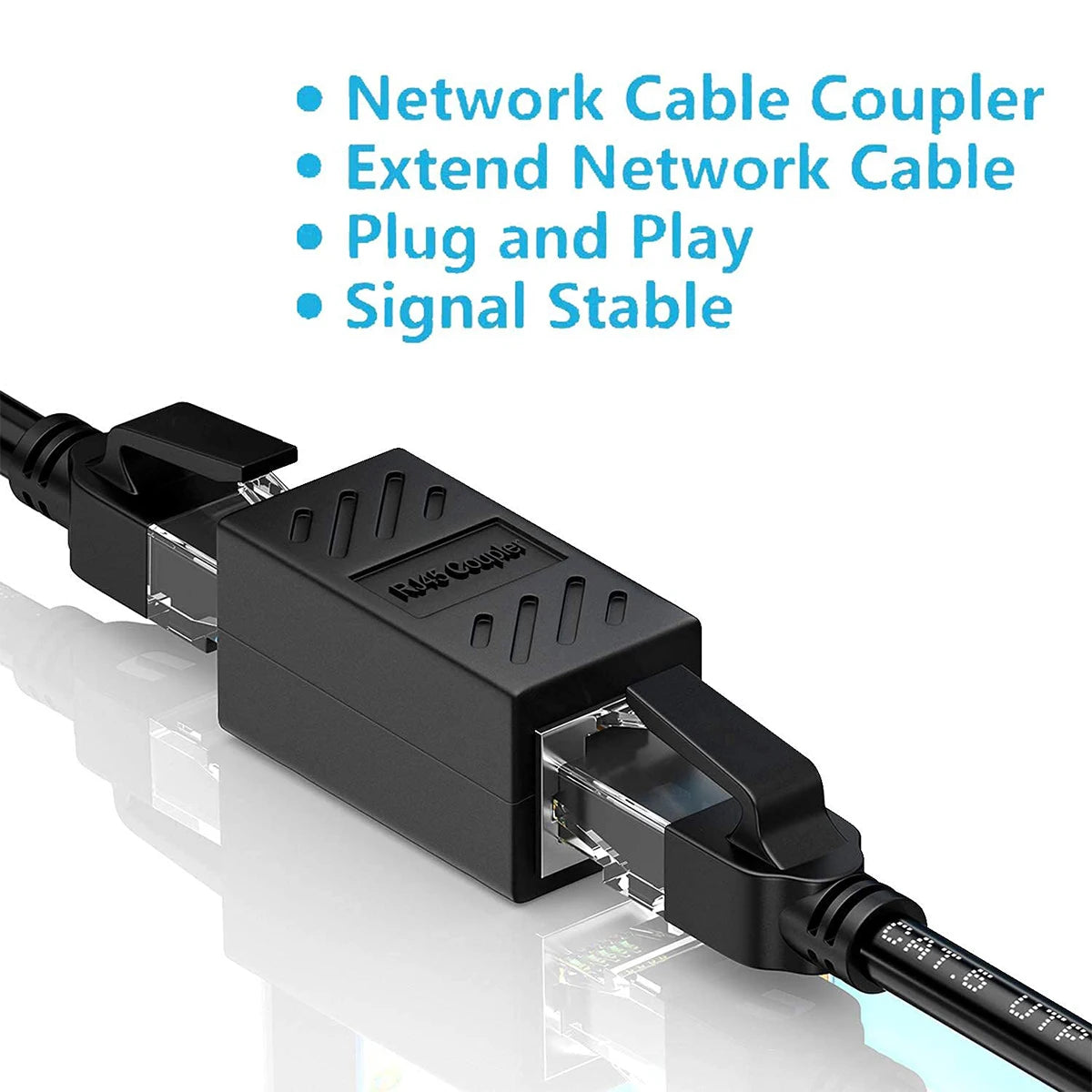 Schwarzer Netzwerkkabel-Kuppler zur Verlängerung oder Verbindung von Ethernet-Kabeln.