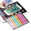 A set of colorful metal stylus pens for universal touchscreen use displayed on a tablet and smartphone.