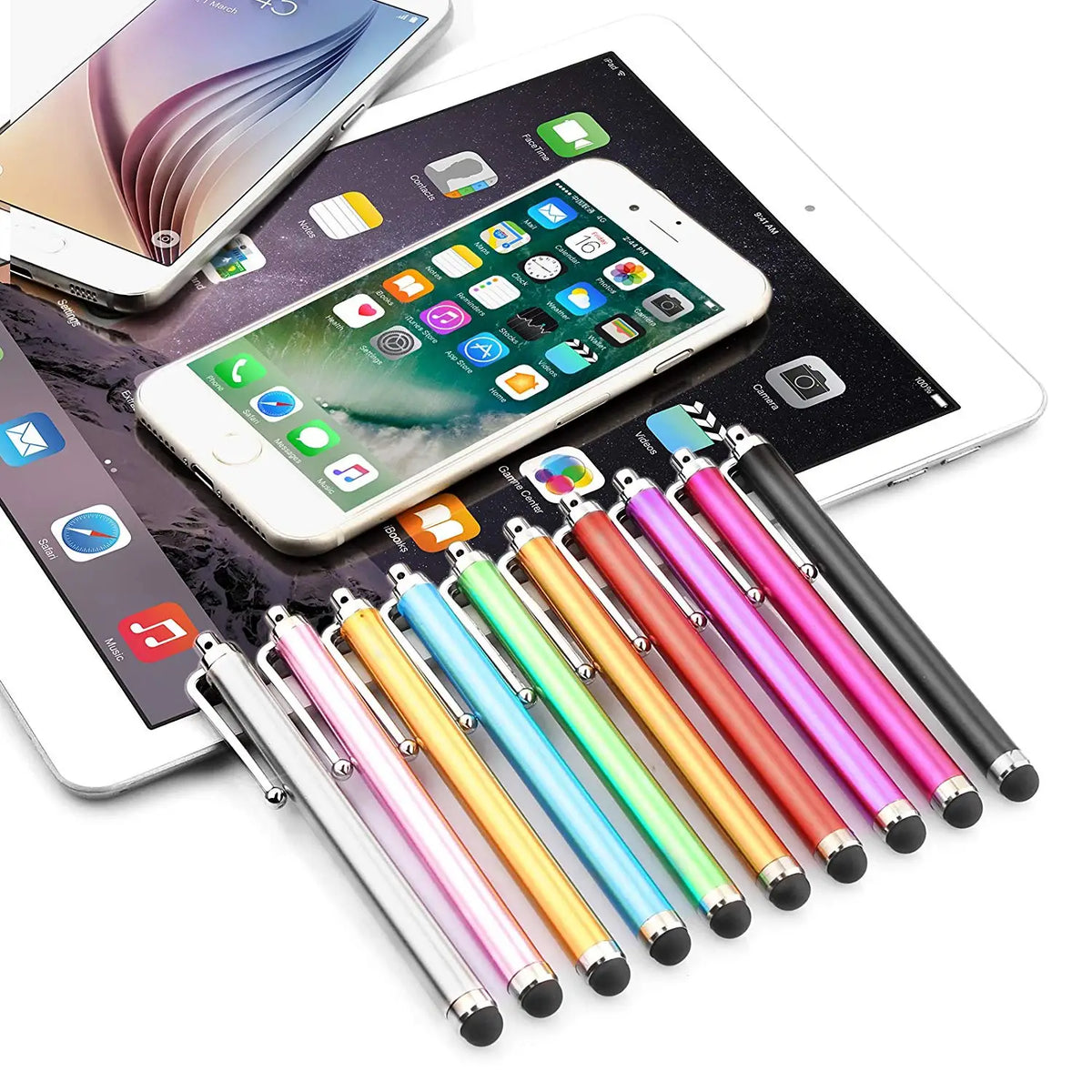 A set of colorful metal stylus pens for universal touchscreen use displayed on a tablet and smartphone.