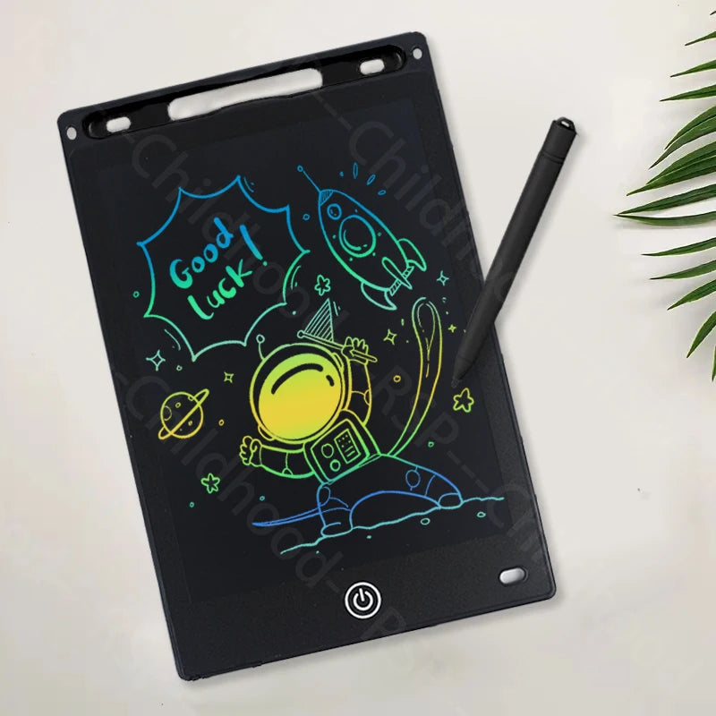 A black portable LCD drawing tablet for kids showing a bright yellow and green drawing of a rocket and stars.
