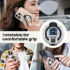 A woman holds a smartphone with a magnetic ring holder attached, demonstrating the rotatable grip feature.