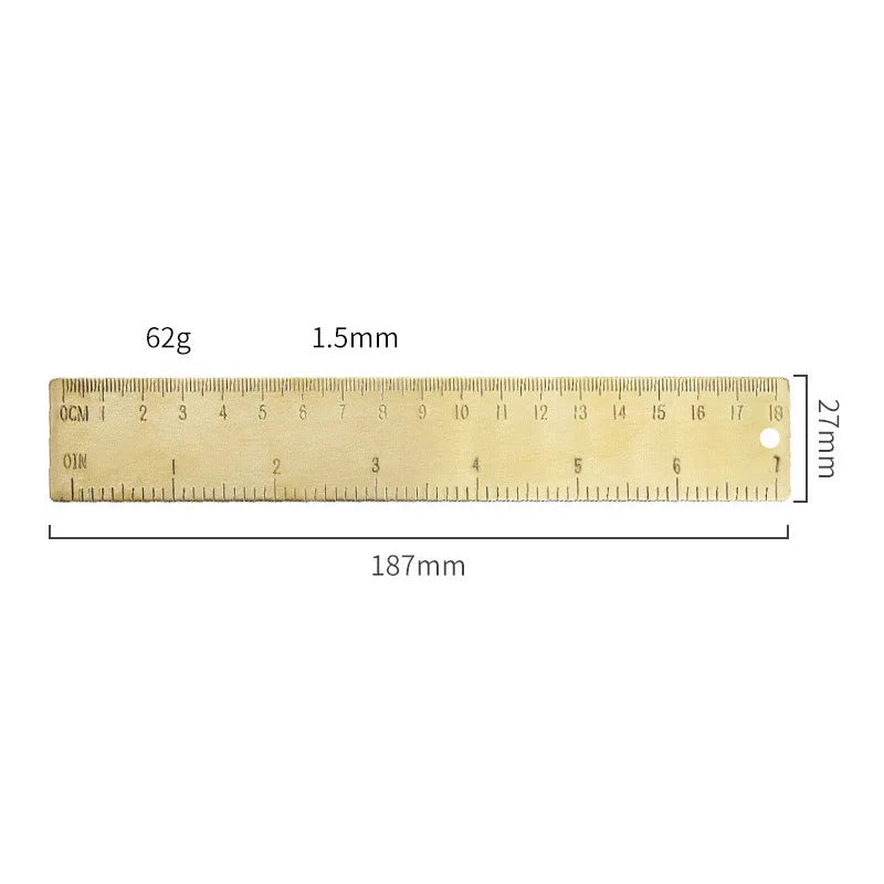 A brass drafting set with a 1.5mm scale bar and a 27mm ruler marked for precision drawing.
