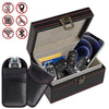 A black leather case for an RFID blocking Faraday key fob protector with multiple security features.