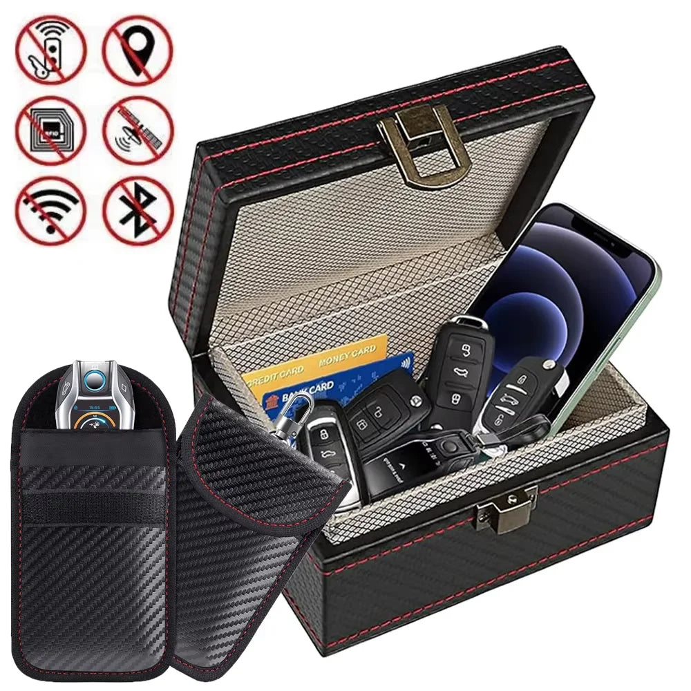 A black leather case for an RFID blocking Faraday key fob protector with multiple security features.