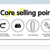 Icons demonstrating the core selling points of an art acrylic paint markers set including fluency, long lasting color, ink wi