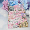 Buntes Insertkärtchen mit rosa und lila Designs und Text wie 'Ich mag meine Bücher und scharf.'