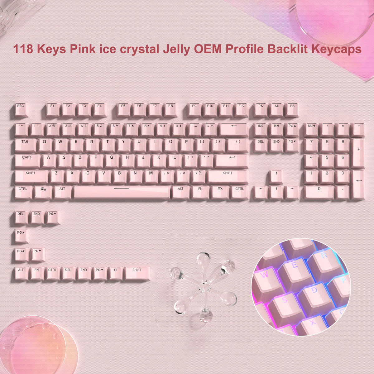 A collection of 118 pink ice crystal jelly OEM profile backlit mechanical keycaps for keyboards.
