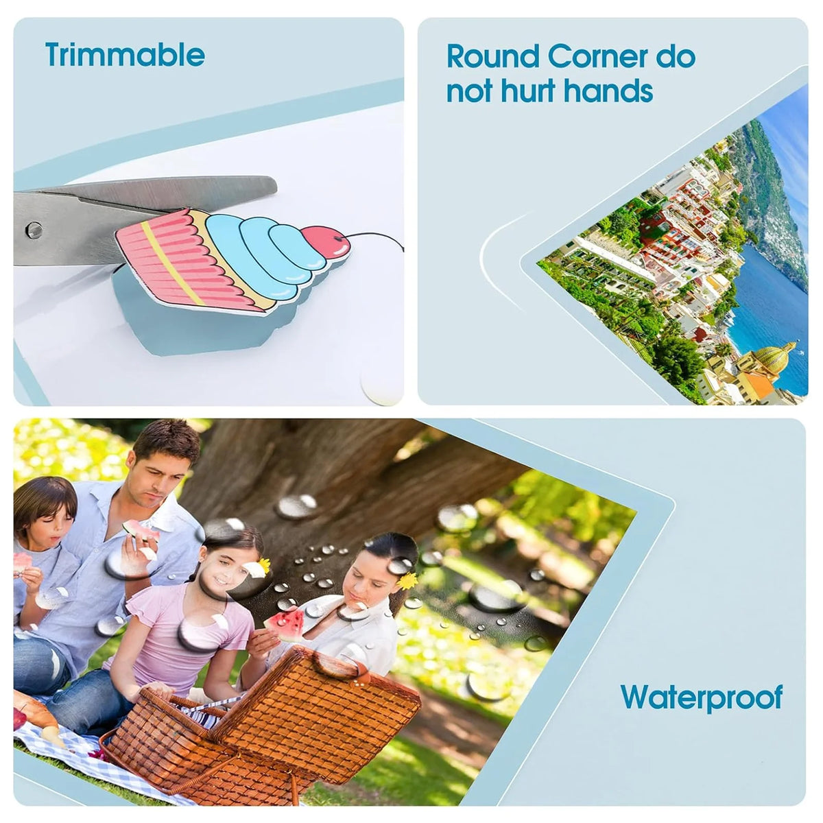 A set of clear thermal laminating pouches with round corners shown in various contexts, including a cutting tool, a landscape