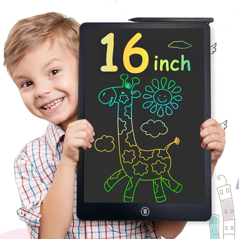 A smiling boy holds a 16-inch multi-color LCD drawing tablet displaying a green giraffe outline.