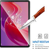 A close-up of a tablet screen displaying a vibrant pink and red gradient, next to a silver knife, highlighting impact resista