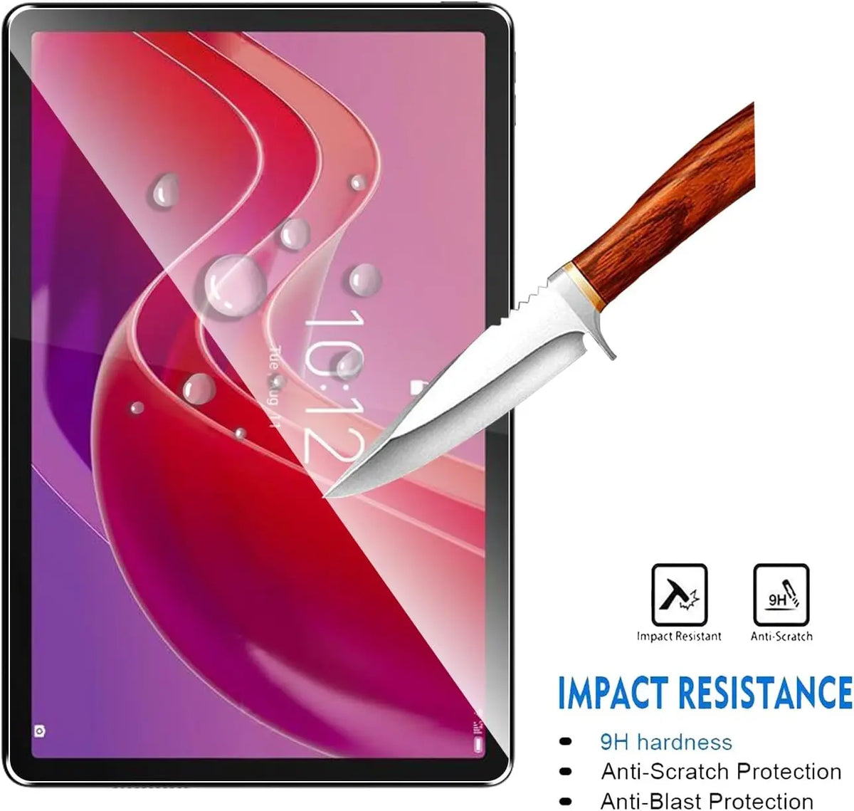 A close-up of a tablet screen displaying a vibrant pink and red gradient, next to a silver knife, highlighting impact resista