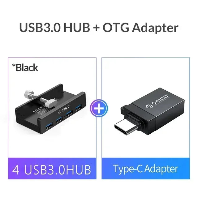 Black USB 3.0 Hub plus an OTG Type-C Adapter shown in separate views.