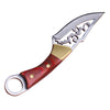 A compact EDC fixed blade knife with a silver blade and a reddish-brown leather sheath.