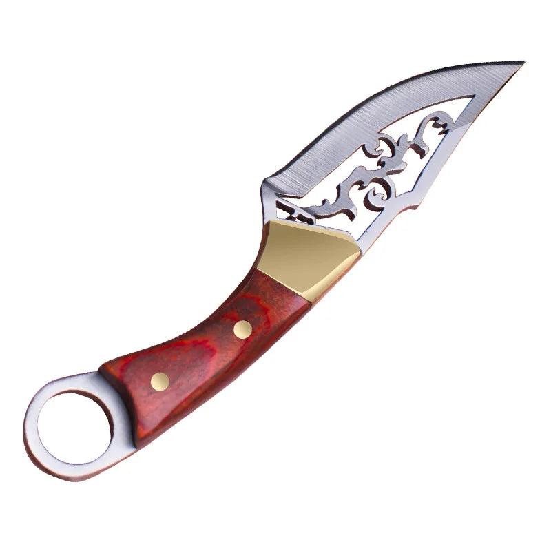 A compact EDC fixed blade knife with a silver blade and a reddish-brown leather sheath.