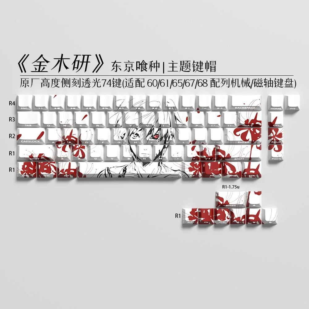 A set of custom PBT cherry profile keycaps featuring red anime characters and designs for a mechanical keyboard.