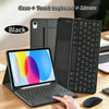 A black universal Bluetooth keyboard case for an iPad is shown next to a laptop and a mouse.
