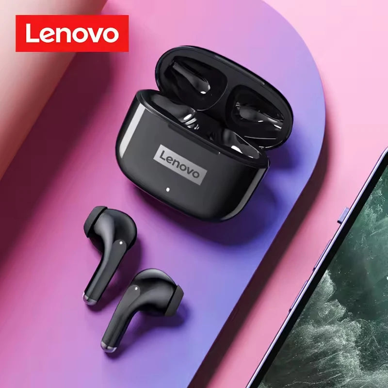 A black Lenovo LP5 true wireless earbud charging case and earbuds displayed on a pink background.