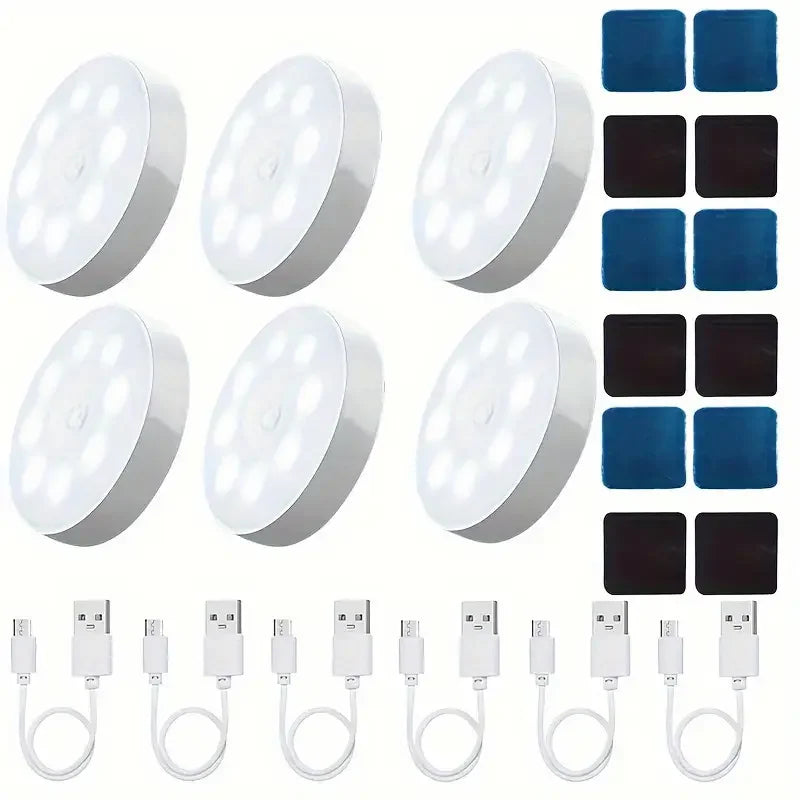 A set of motion sensor LED night lights in various sizes and colors for cabinets and wardrobes, along with various electrical