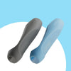 A pair of silicone pen grip sleeves in gray and light blue are shown against a light blue background.