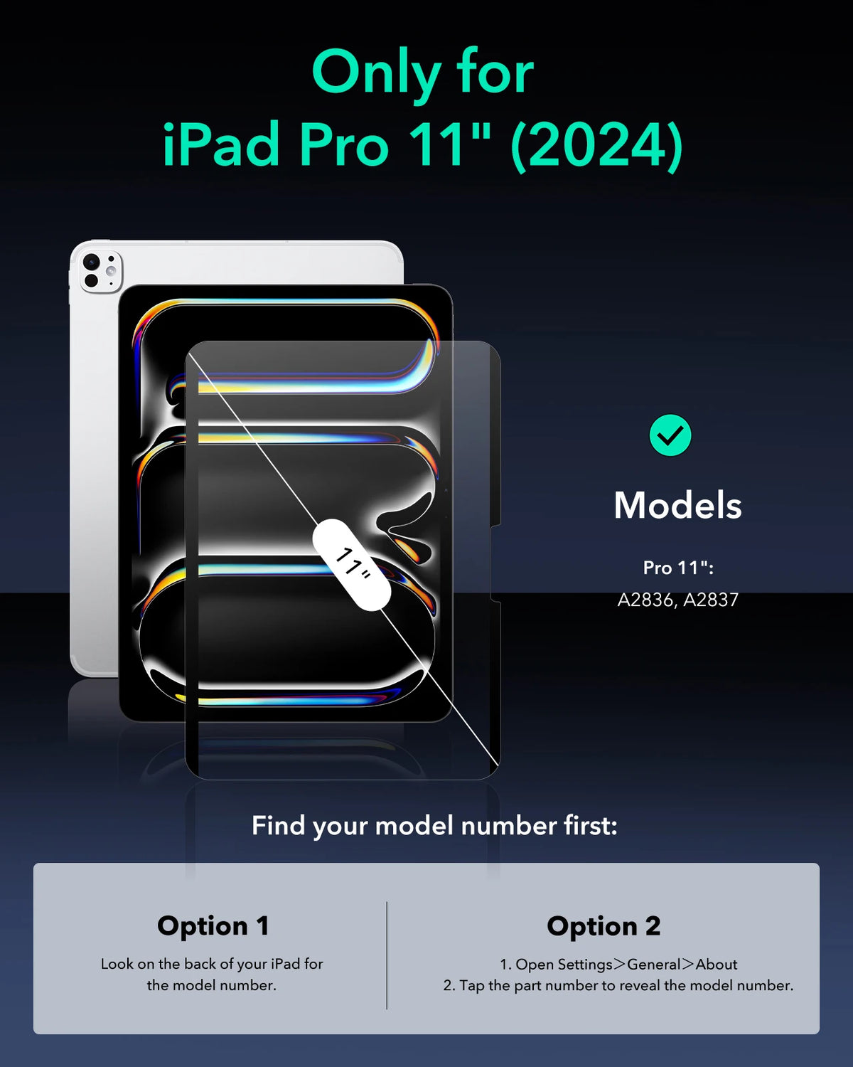 Instructional graphic showing how to find the model number for an iPad Pro 11 inch (2024) before purchasing a magnetic screen