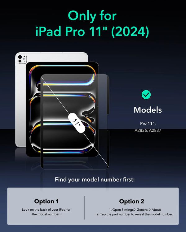 Instructional graphic showing how to find the model number for an iPad Pro 11 inch (2024) before purchasing a magnetic screen