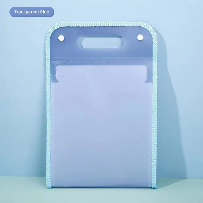 A transparent blue portable accordion document organizer with a clear plastic sleeve.