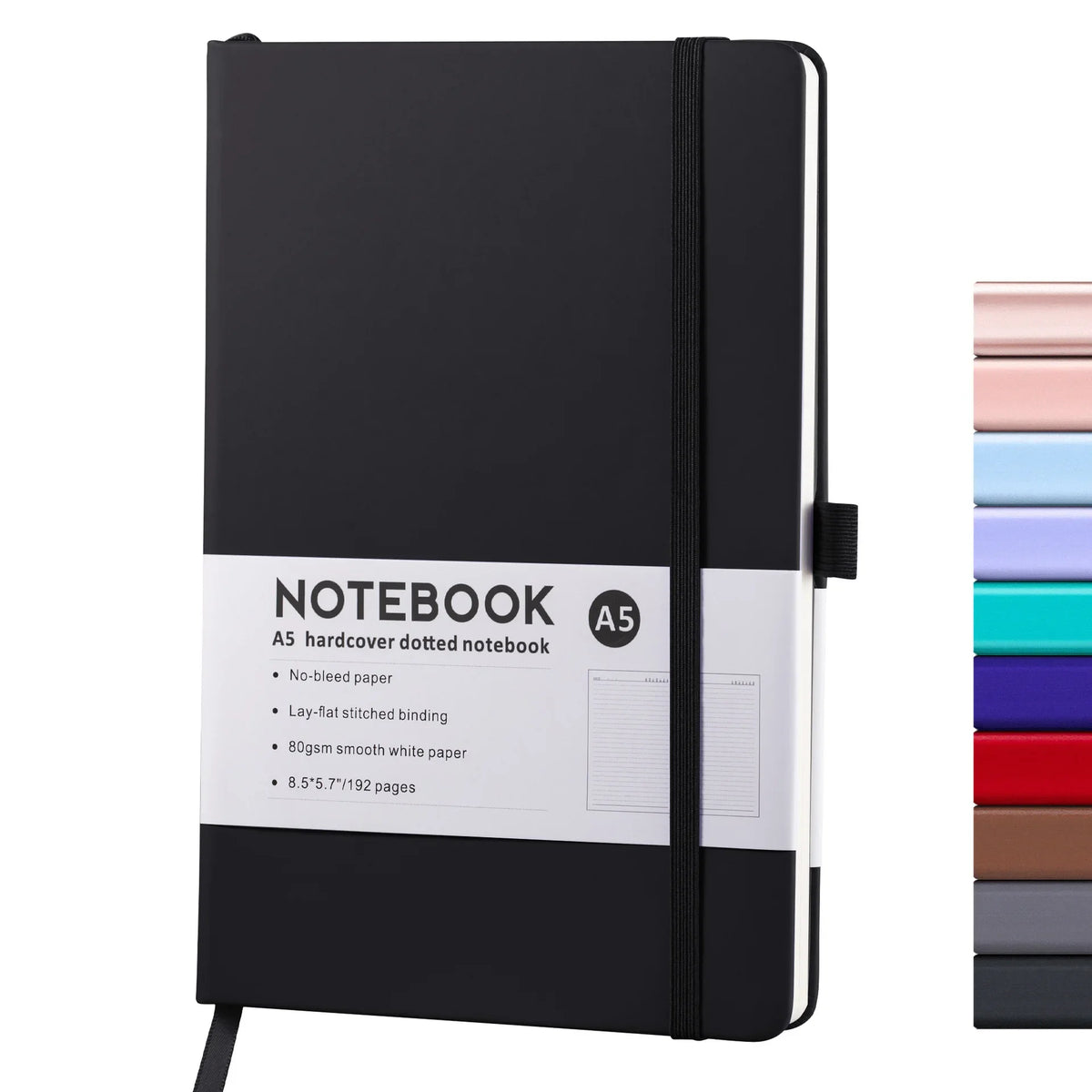 Black hardcover dotted notebook with a black elastic band and white text detailing features.