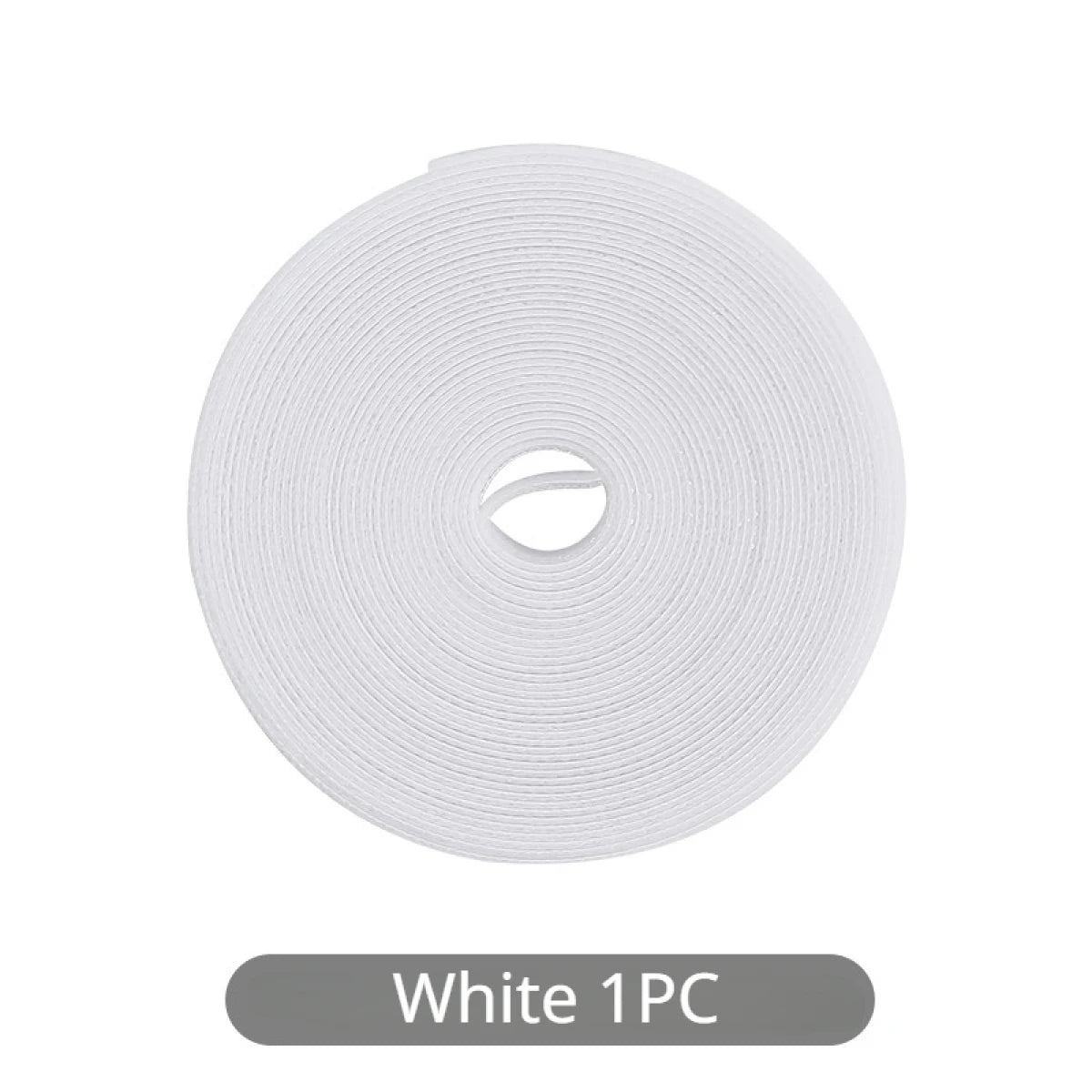 A roll of white reusable hook and loop cable ties.